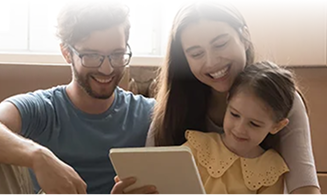 Family reviewing their moving plans on a tablet